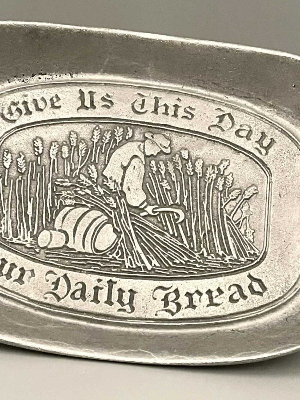 MCM Pewter Bread Tray “Give Us This Day Our Daily Bread” Vintage Farmhouse 8.5x6